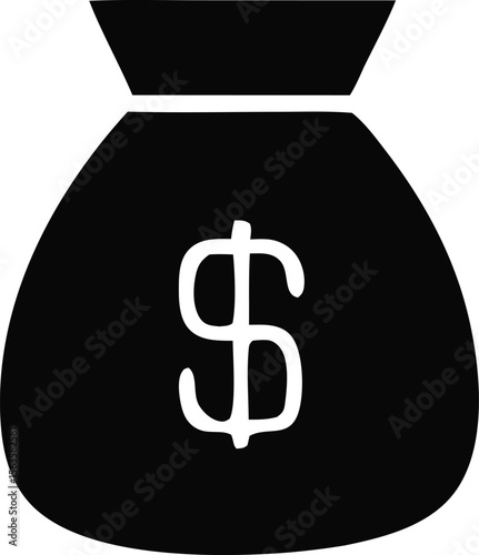 A simple black silhouette of a money bag with a white dollar sign prominently displayed in the center