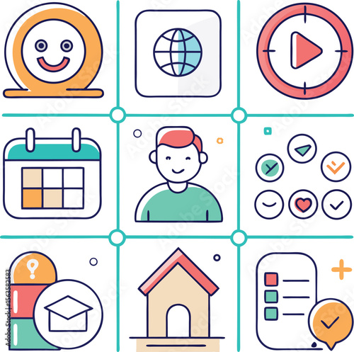 A collection of colorful flat design icons representing various aspects of life including emotions technology education and personal well being