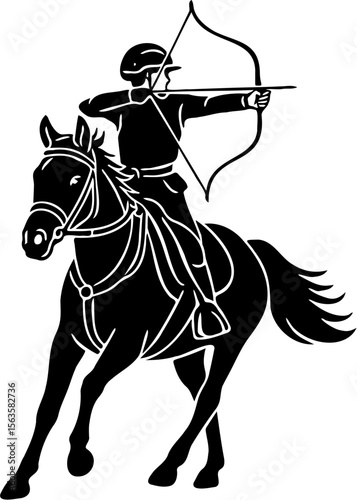 silhouette vector illustration of horse archery, isolated on white