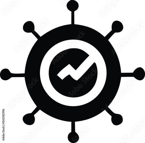 Stylized black and white graphic of a virus with a checkmark inside a circle symbolizing health or verification