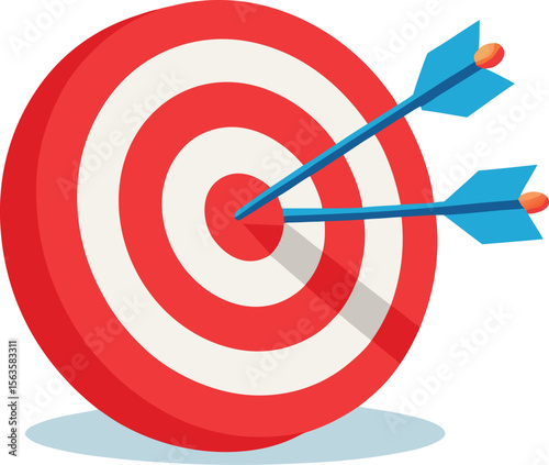 Two blue arrows accurately hit the bullseye on a red and white striped target symbolizing success and precision