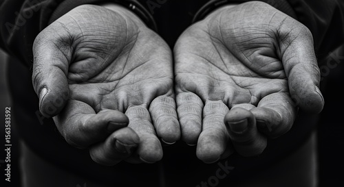 Weathered hands cupped open, a poignant symbol of need, poverty, or humble supplication, conveying vulnerability and hope.