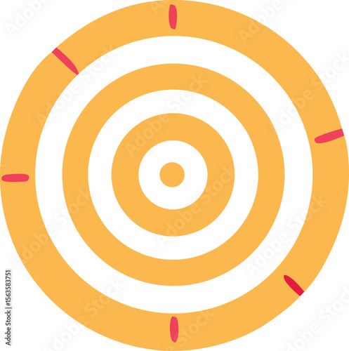Abstract concentric circles with a textured yellow background and scattered red oval shapes creating a modern artistic design