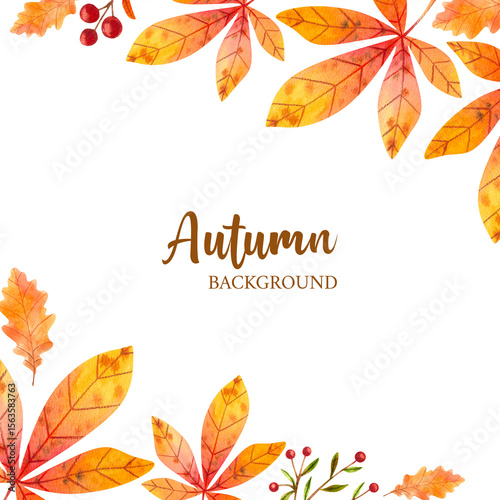 Border frame with watercolor autumn leaves on white background. Hand drawn illustration for your design, print, textile