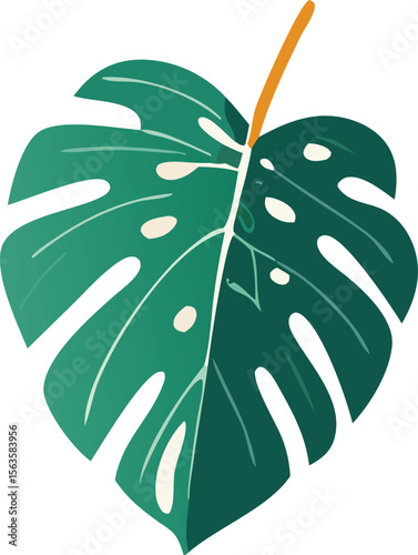 A stylized illustration of a vibrant green monstera leaf with characteristic fenestrations and an orange stem against a white background