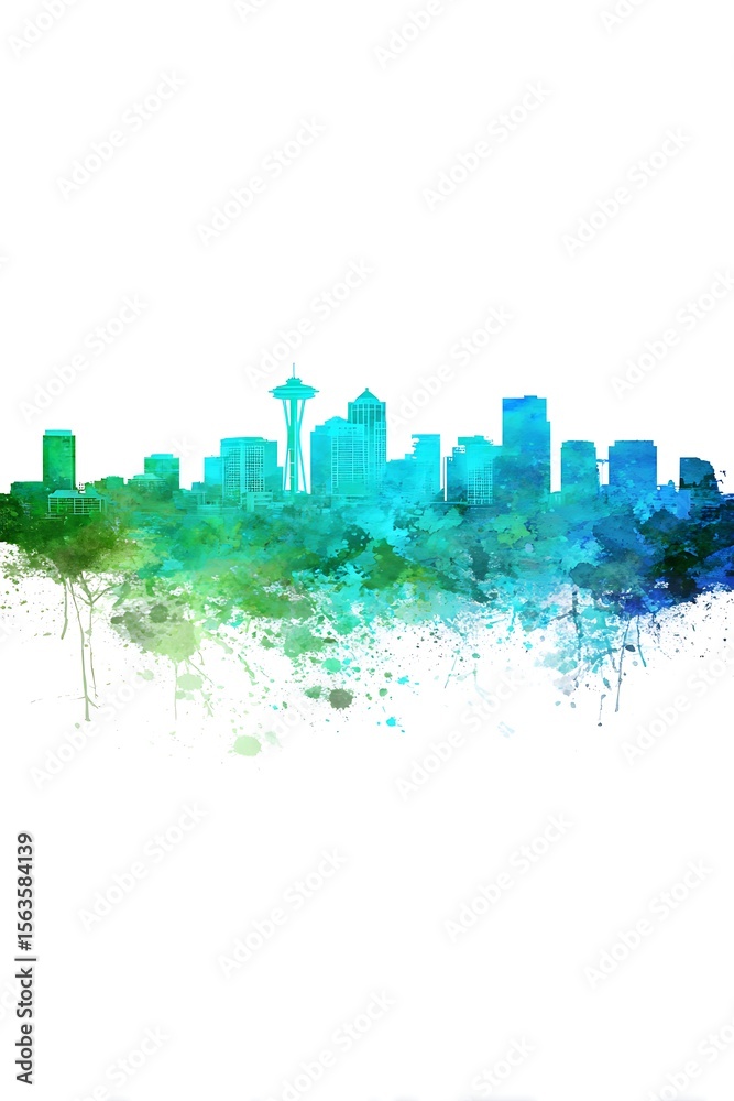 Obraz premium Seattle skyline in teal and green watercolor