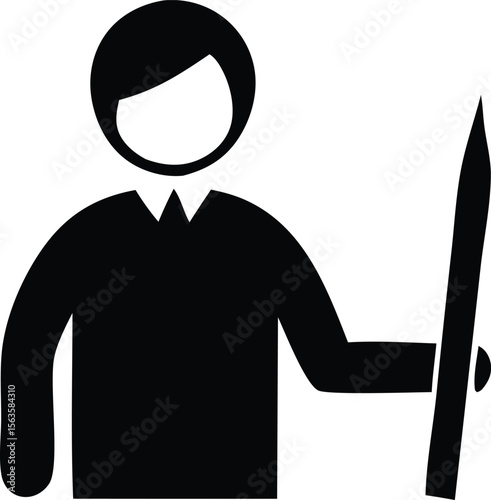 Stylized black silhouette of a person wearing a collared shirt and holding a large pencil or pen in their right hand