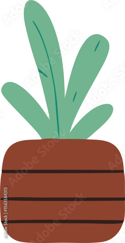 A simple stylized illustration of a potted plant with broad green leaves emerging from a brown horizontally striped planter