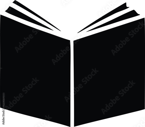 A minimalist black and white graphic illustration of an open book with fanned pages symbolizing knowledge and learning
