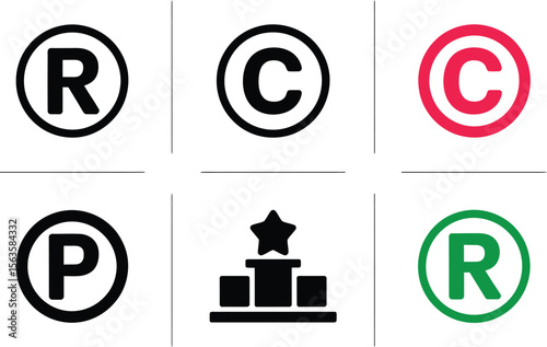Illustration of registered trademark copyright and performance rights symbols with a star on a platform