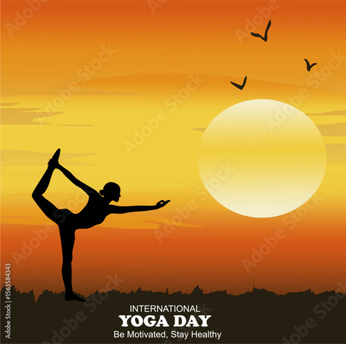 Vector illustration of people doing exercises for the celebration of International Yoga Day on June 21st with sunset background. Active lifestyle