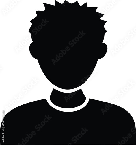 Simple black silhouette of a person with spiky hair wearing a t shirt or crew neck shirt
