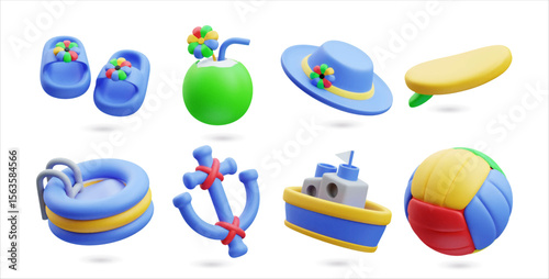 3D icons illustration set. Concept of summer vacation. Beach toys, inflatable pool, ice cream, beach hat, slippers, beach ball, boat, and water sports items. Fun and colorful elements render
