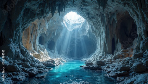 Mystical cave with sunlight illuminating turquoise water