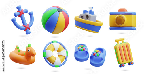 3D icons illustration set. Concept of summer vacation. Beach toys, beach ball, boat, suitcase, camera, slippers, ring, and water sports elements pattern. Colorful and fun elements render
