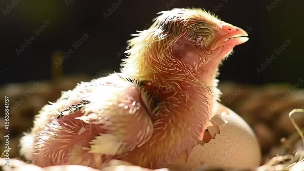 Newborn chick emerging from eggshell in natural nest setting  