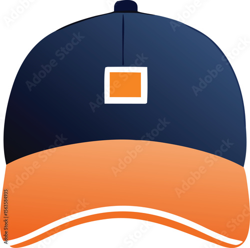 A minimalist illustration of a baseball cap featuring a dark navy crown and an orange brim with a white curved stripe