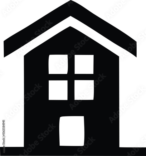 Simple black and white graphic illustration of a house with a peaked roof four windows and a door