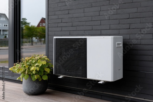 Modern outdoor air conditioning unit installed on a black brick wall with a potted plant nearby in a contemporary residential setting