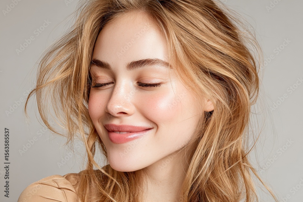 Fototapeta premium Close-up of a smiling young woman with blonde wavy hair and clear skin, showing happiness and confidence in a studio setting with soft lighting