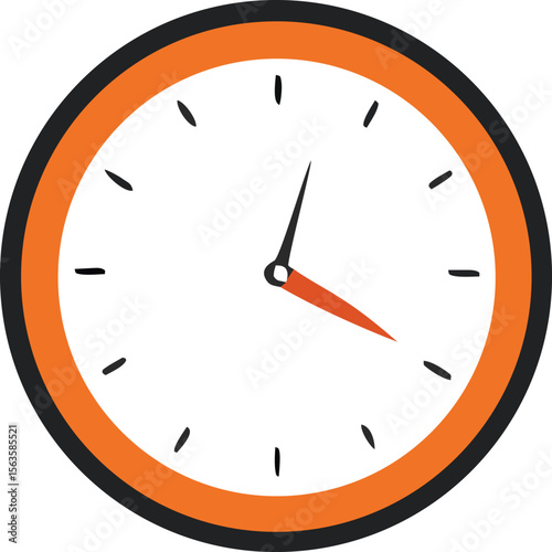 A simple modern analog clock face with orange and black accents showing the time is approximately ten past ten