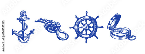 Sketch sea set of nautical design elements. Hand drawn vector illustration