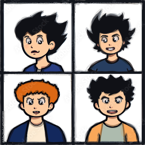 a group of young men with different facial expressions and hair styles, all looking at the same faces