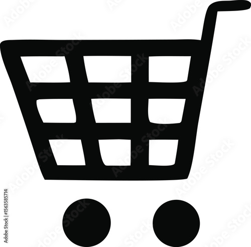 Simple black and white icon of a shopping cart with a handle and two wheels representing commerce and online purchasing