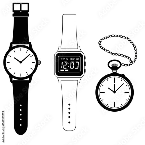 Classic wristwatch digital watch and pocket watch set in simple flat style black and white vector illustration