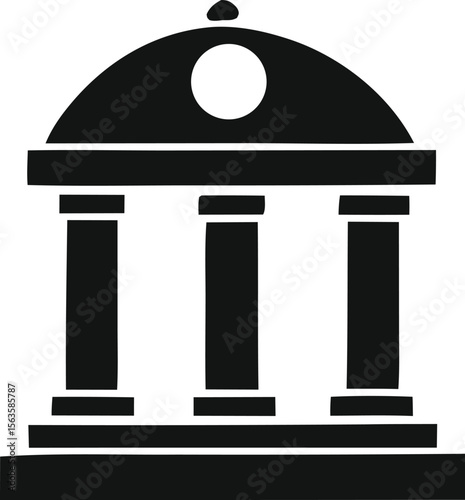 Simple black silhouette of a classical building with three columns and a dome