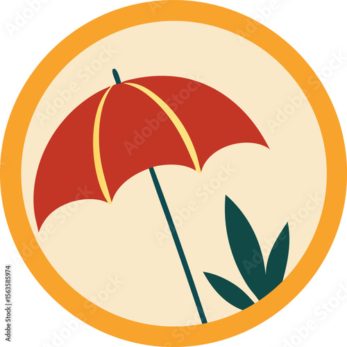 A minimalist illustration of a red umbrella with yellow accents a dark blue stem and green leaves set against a cream background within an orange circle