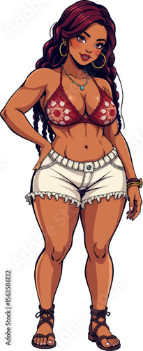 an image of a woman in bikinis and sandals, with her hands on the hips