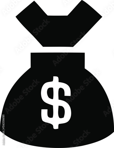 Iconic black silhouette of a money bag with a prominent white dollar sign symbolizing wealth and financial gain