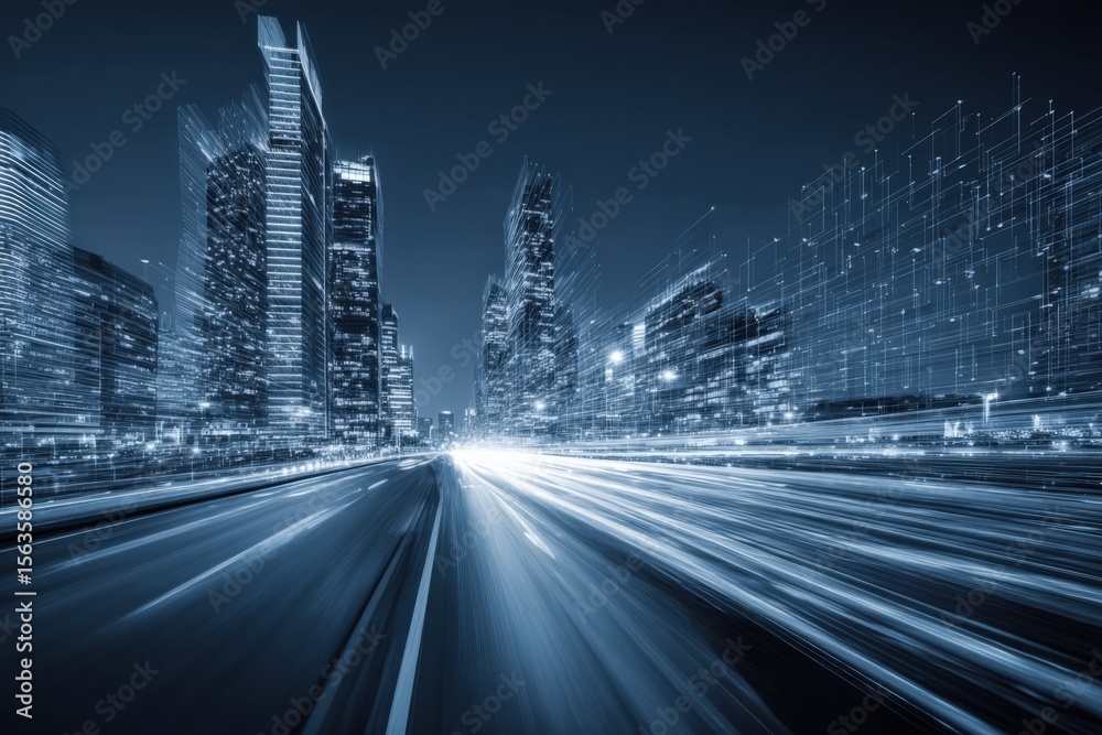 Obraz premium Futuristic cityscape at night with illuminated skyscrapers neon lights digital lines and motion blur highway view