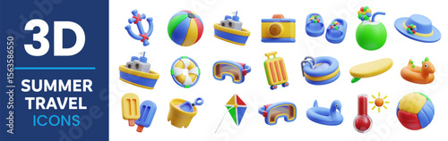 3D icons illustration set. Concept of summer travel. Beach toys, boat, camera, ice cream, beach ball, kite, suitcase, inflatable pool, sun, and travel accessories. Fun and colorful elements render
