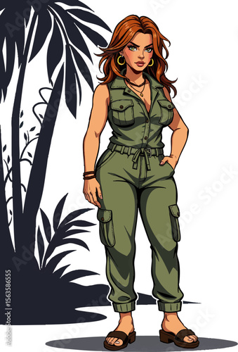 a woman in military uniform standing next to palm trees and looking at the camera