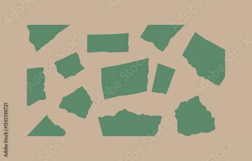 Abstract Torn Paper Shapes: Sage Green on Beige Background, Minimalist Design