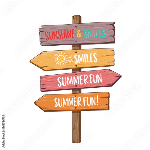 Colorful wooden signpost displaying greetings for summer with directional arrows