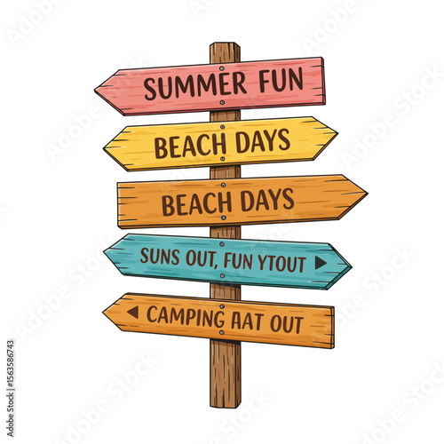Colorful wooden signpost displaying greetings for summer with directional arrows