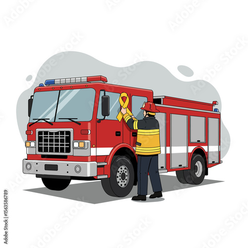 Firefighter applying awareness ribbon on red fire truck vector illustration for safety and support campaigns