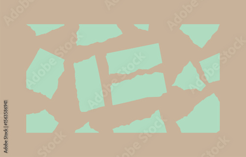 Abstract pastel green torn paper pieces on beige background; minimalist design.