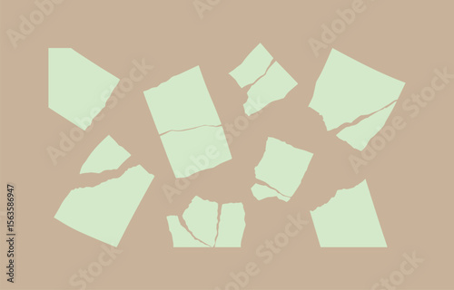 Abstract pastel green torn paper fragments on beige background; minimalist design.