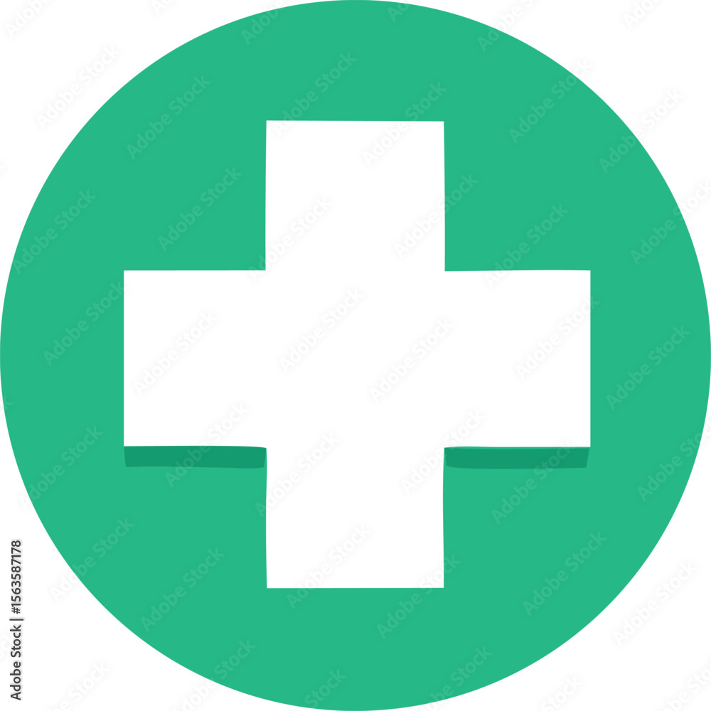 Obraz premium A simple white cross symbol is prominently displayed within a vibrant teal green circular background with a subtle textured effect