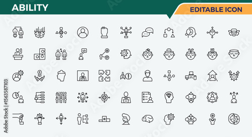 Ability vector line icon set. Minimalist linear icons. Contains such symbols as communication, knowledge, talent, creativity. Editable stroke. Vector collection. Ability simple icon set.