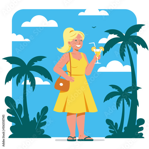 Cheerful woman in summer attire holding a drink surrounded by palm trees