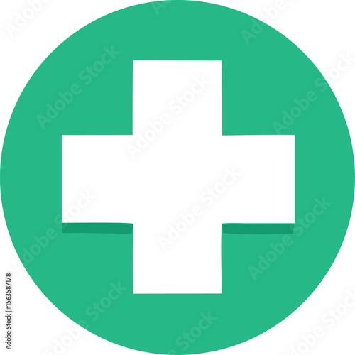 A simple white cross symbol is prominently displayed within a vibrant teal green circular background with a subtle textured effect
