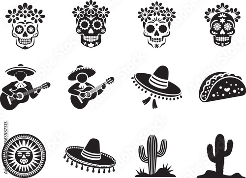 Mexico Icons of Sugar Skull Sombrero Guitar Taco Cactus and Sun for Day of the Dead and Fiesta Culture