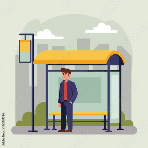 Man waiting at bus stop in flat vector illustration design style