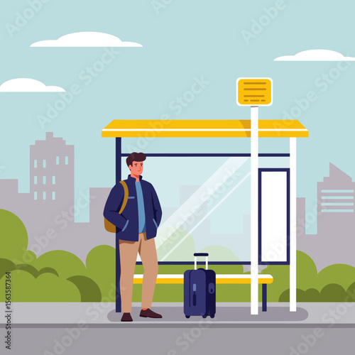 Man waiting at bus stop in flat vector illustration design style