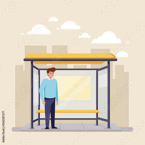 Man waiting at bus stop in flat vector illustration design style